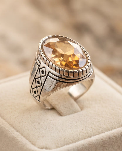 Citrine Gemstone Notched Bezel Geometric Diamond Silver Ring