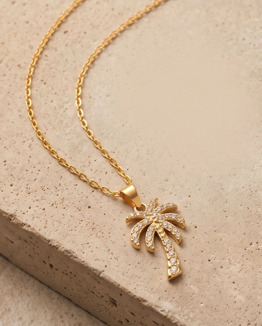 Gold Crystal Pavé Palm Tree Pendant Necklace