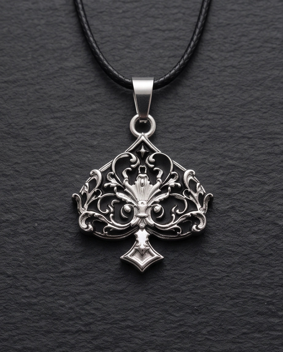 Silver Filigree Ace of Spades Pendant Necklace