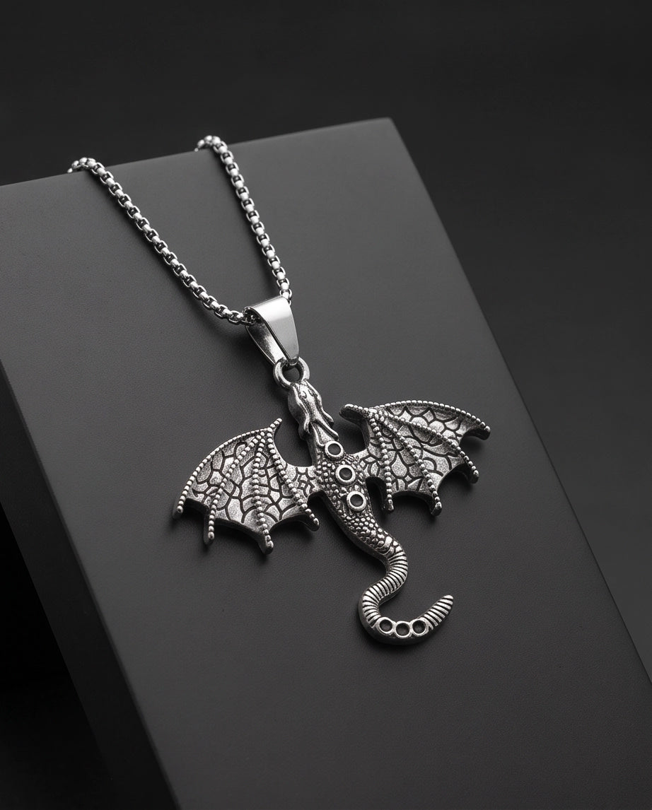 Silver Textured Dragon Wyvern Pendant Necklace