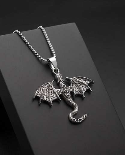 Silver Textured Dragon Wyvern Pendant Necklace