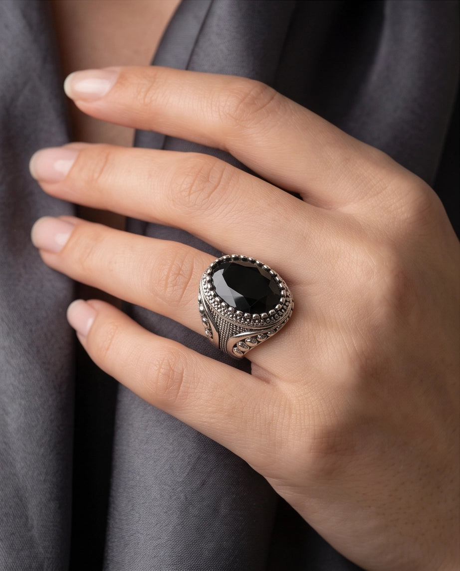 Black Gemstone Double Beaded Frame Studded Silver Ring