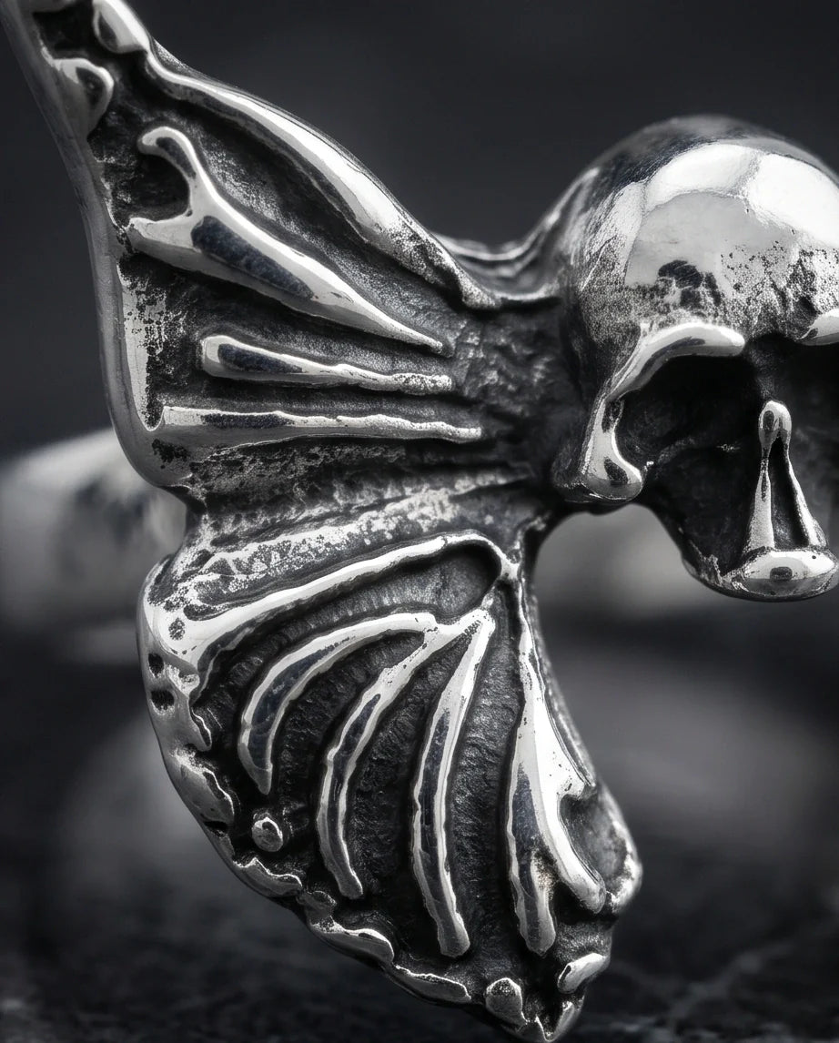 Gothic Sterling Silver Skull Butterfly Ring