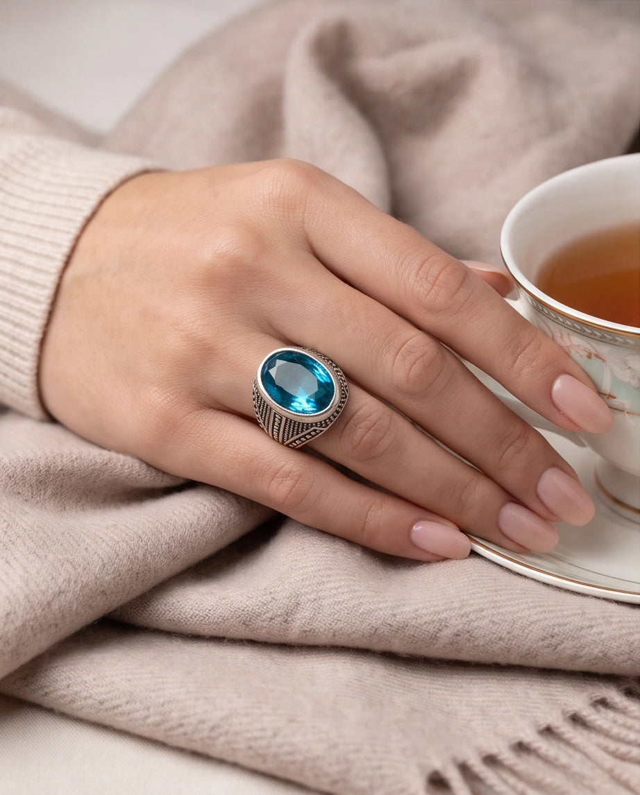 Aquamarine Gemstone Beaded Surround Chevron Stippled Silver Ring
