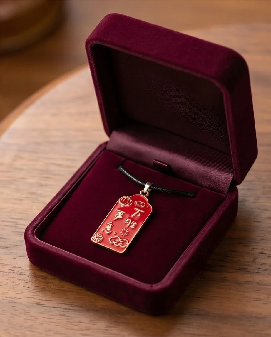 Traditional Red Rectangular "Wan Shi Ru Yi" Blessings Pendant Necklace