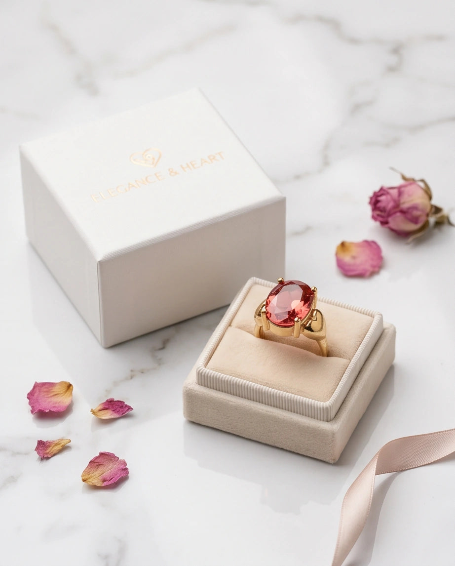 Gold Plated Pink Morganite Oval Heart Accent Ring