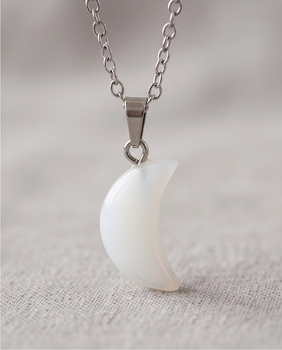 Silver Opal White Crescent Moon Pendant Necklace