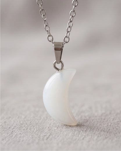 Silver Opal White Crescent Moon Pendant Necklace