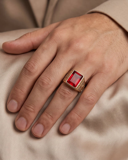 Crimson Ruby Emerald-Cut Gemstone Crown Motif Gold Ring