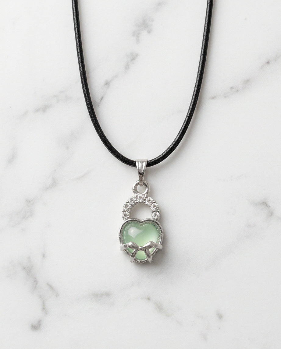Green Heart Bow Lock Pendant Necklace