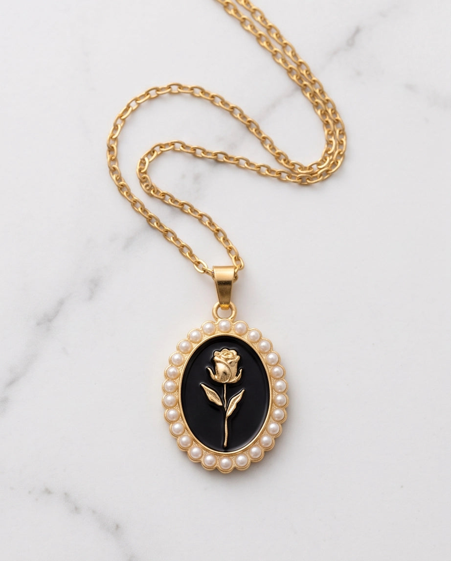 Gold Pearl Frame Black Enamel Rose Oval Pendant Necklace