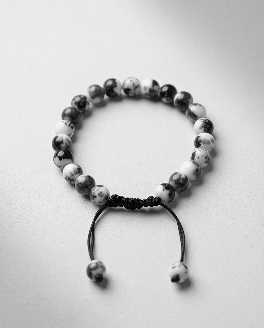 Dalmatian Jasper Black & White Speckled Stone Beaded Adjustable Macrame Bracelet