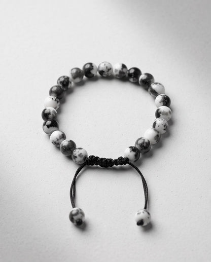 Dalmatian Jasper Black & White Speckled Stone Beaded Adjustable Macrame Bracelet