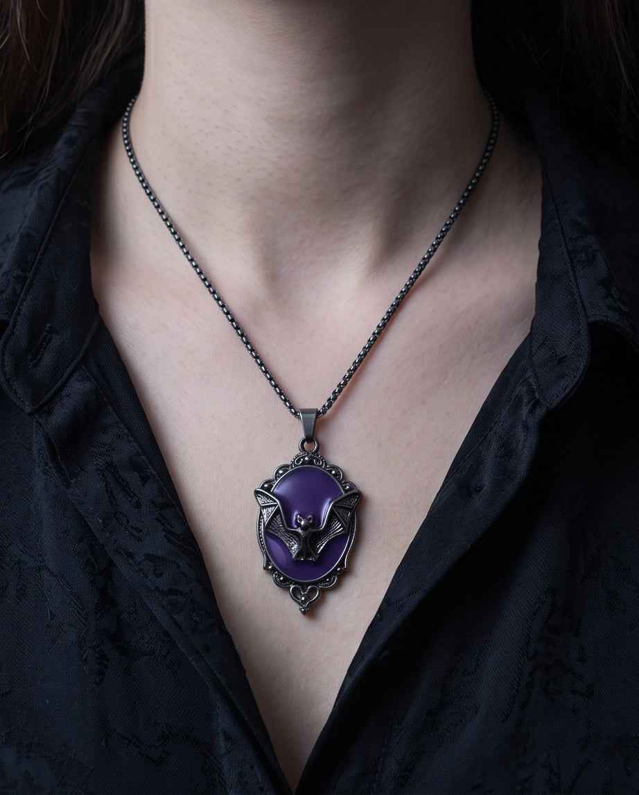 Antique Silver Gothic Bat Purple Enamel Medallion Chain Necklace