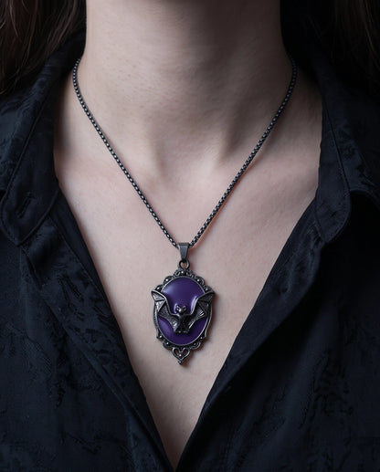 Antique Silver Gothic Bat Purple Enamel Medallion Chain Necklace