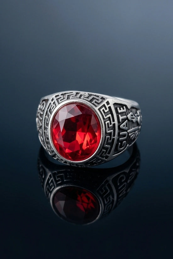 Vintage Greek Key Ruby Red Gemstone Ring