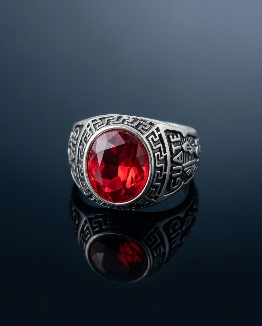 Vintage Greek Key Ruby Red Gemstone Ring