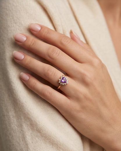 Gold Purple Heart Gemstone Halo Ring