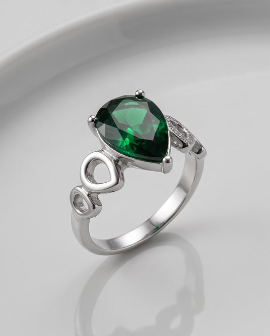 Emerald Gemstone Prong-Set Teardrop Loop Silver Ring