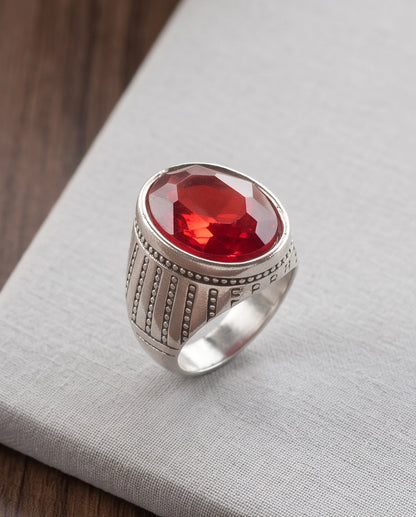Ruby Gemstone Beaded Surround Vertical Ribbed Silver Ring
