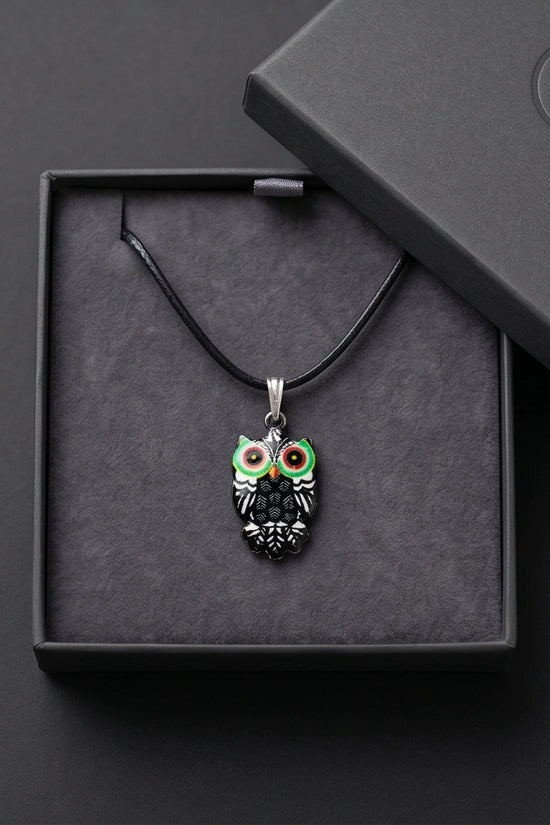 Mystic Green-Eyed Tribal Owl Pendant Necklace