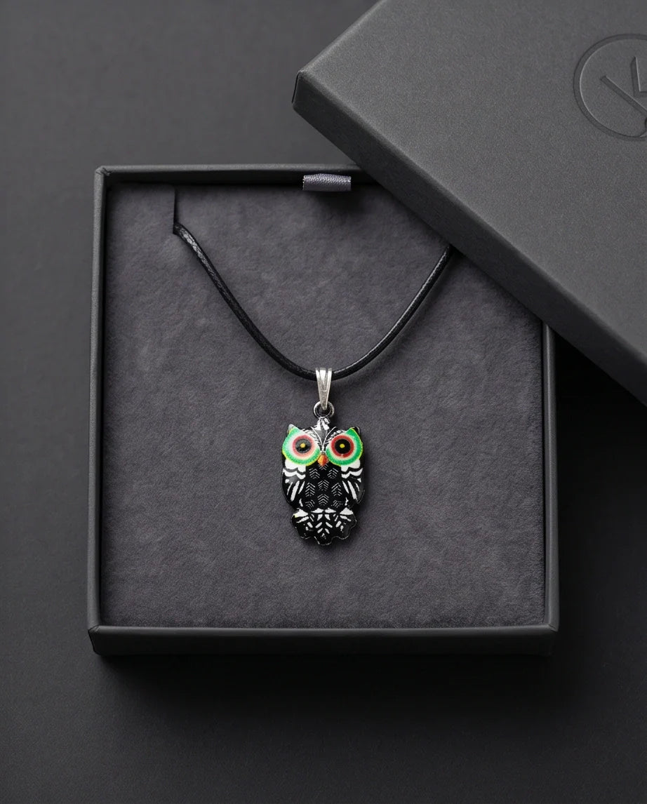Mystic Green-Eyed Tribal Owl Pendant Necklace