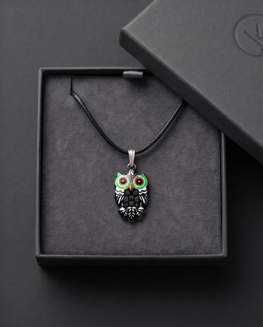 Mystic Green-Eyed Tribal Owl Pendant Necklace