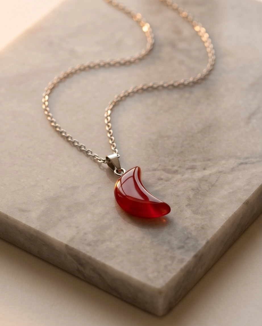 Silver Carnelian Red Crescent Moon Pendant Necklace