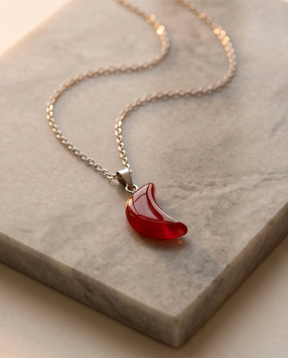Silver Carnelian Red Crescent Moon Pendant Necklace