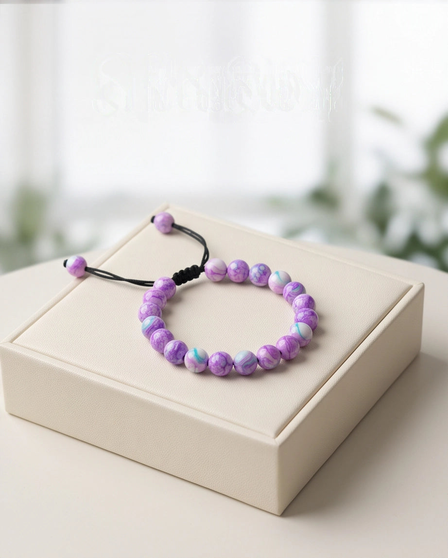 Purple & Teal Marbled Swirl Beaded Adjustable Macrame Bracelet