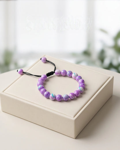 Purple & Teal Marbled Swirl Beaded Adjustable Macrame Bracelet