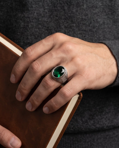 Emerald Gemstone Greek Key Bezel Studded Silver Ring