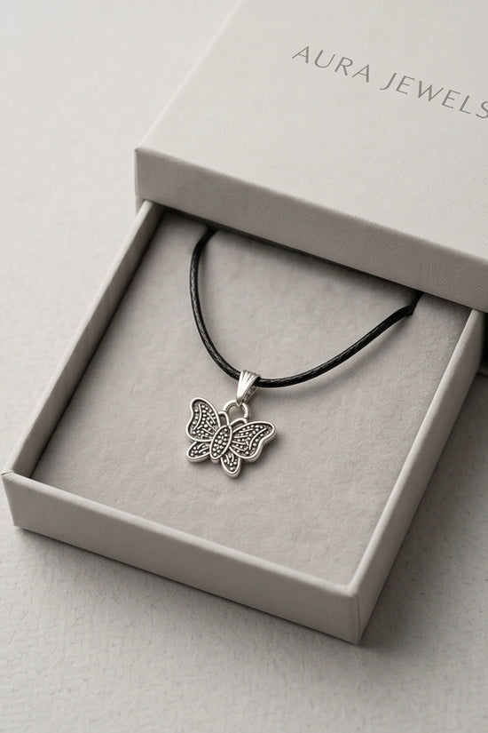 Silver Textured Butterfly Pendant Necklace