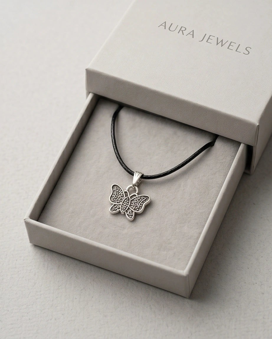 Silver Textured Butterfly Pendant Necklace