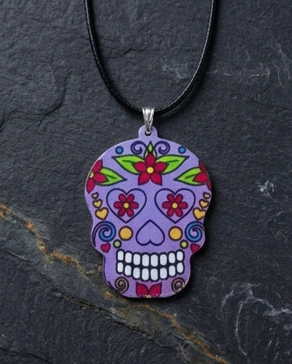 Vibrant Purple Sugar Skull Día de los Muertos Pendant Necklace