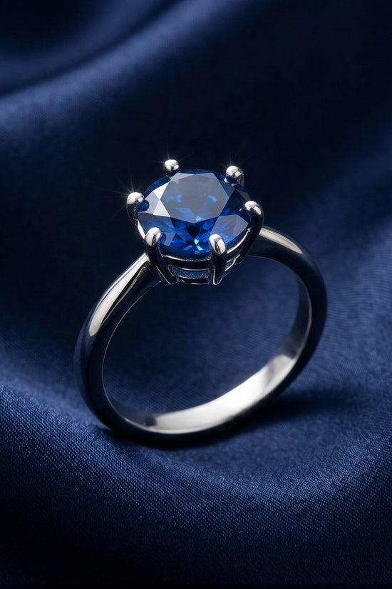 Sterling Silver Royal Blue Round Cut Solitaire Ring
