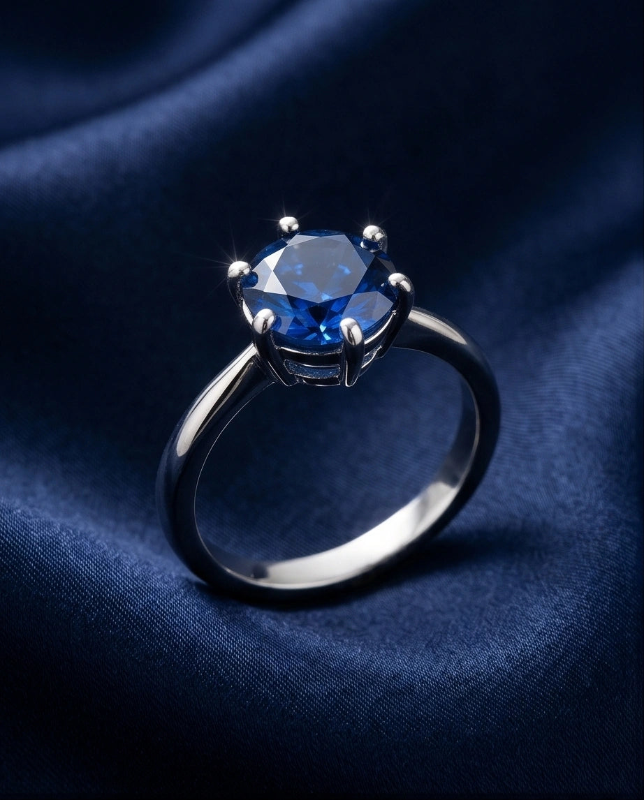 Sterling Silver Royal Blue Round Cut Solitaire Ring
