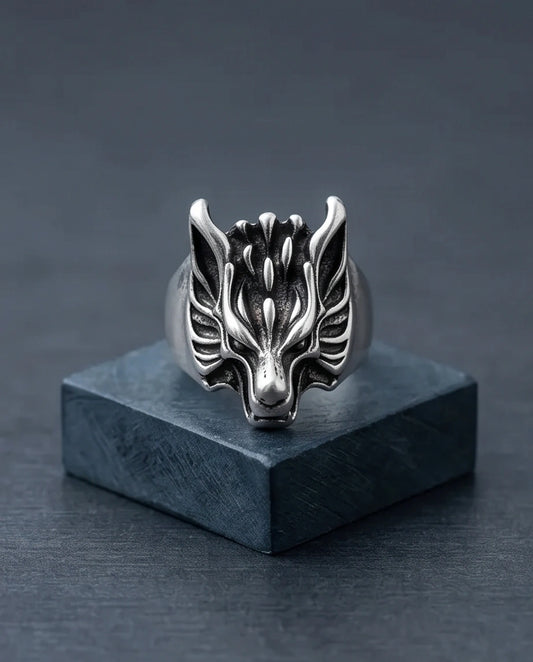 Vintage Oxidized Silver Mythical Wolf Crest Ring
