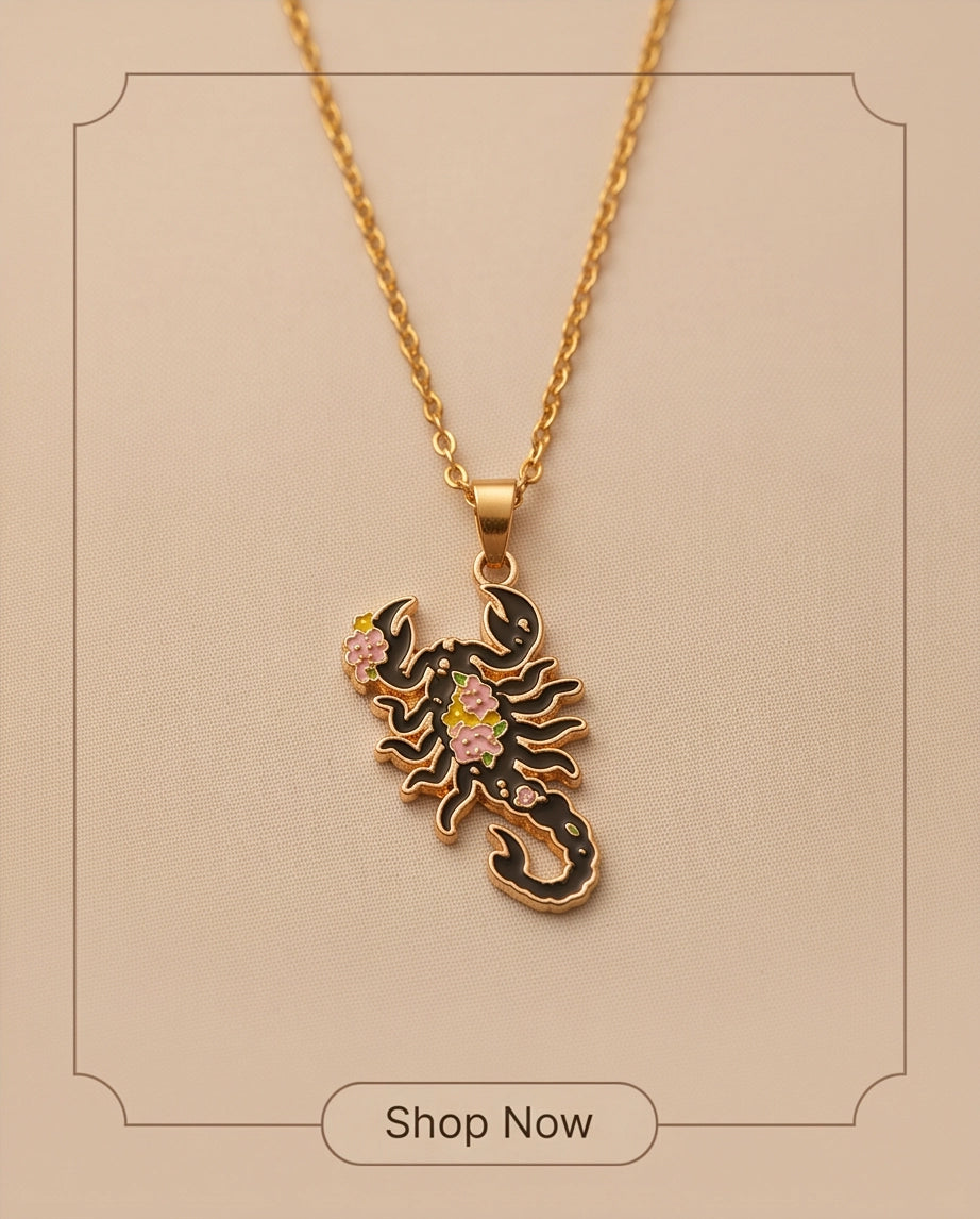 Gold Floral Scorpion Enamel Chain Necklace