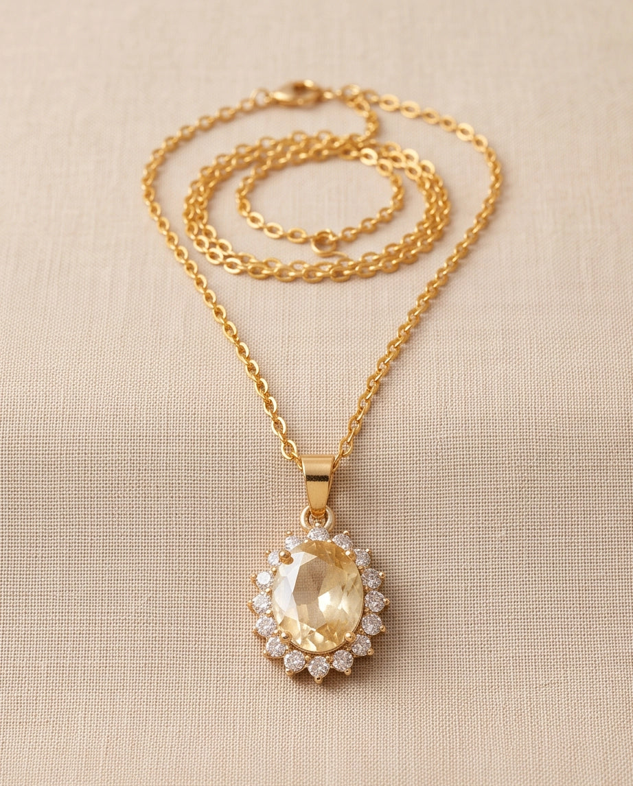 Silver Citrine Yellow Oval Halo Medallion Pendant Necklace