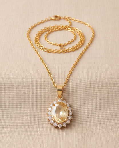 Silver Citrine Yellow Oval Halo Medallion Pendant Necklace