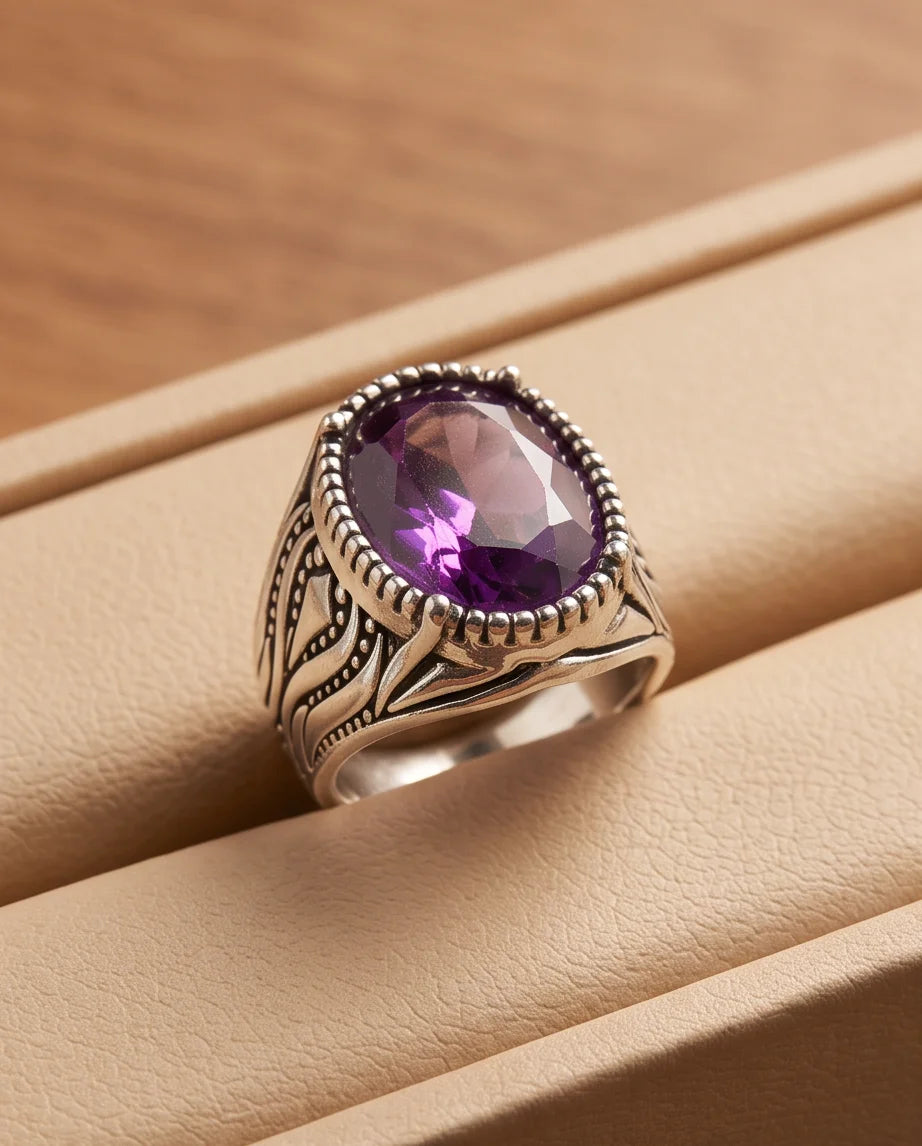 Violet Gemstone Beaded Frame Filigree Silver Ring