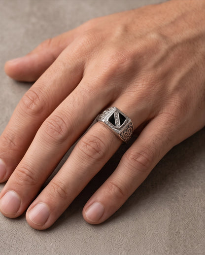 Onyx-Inlay Channel Pavé Diagonal Striped Filigree Silver Ring