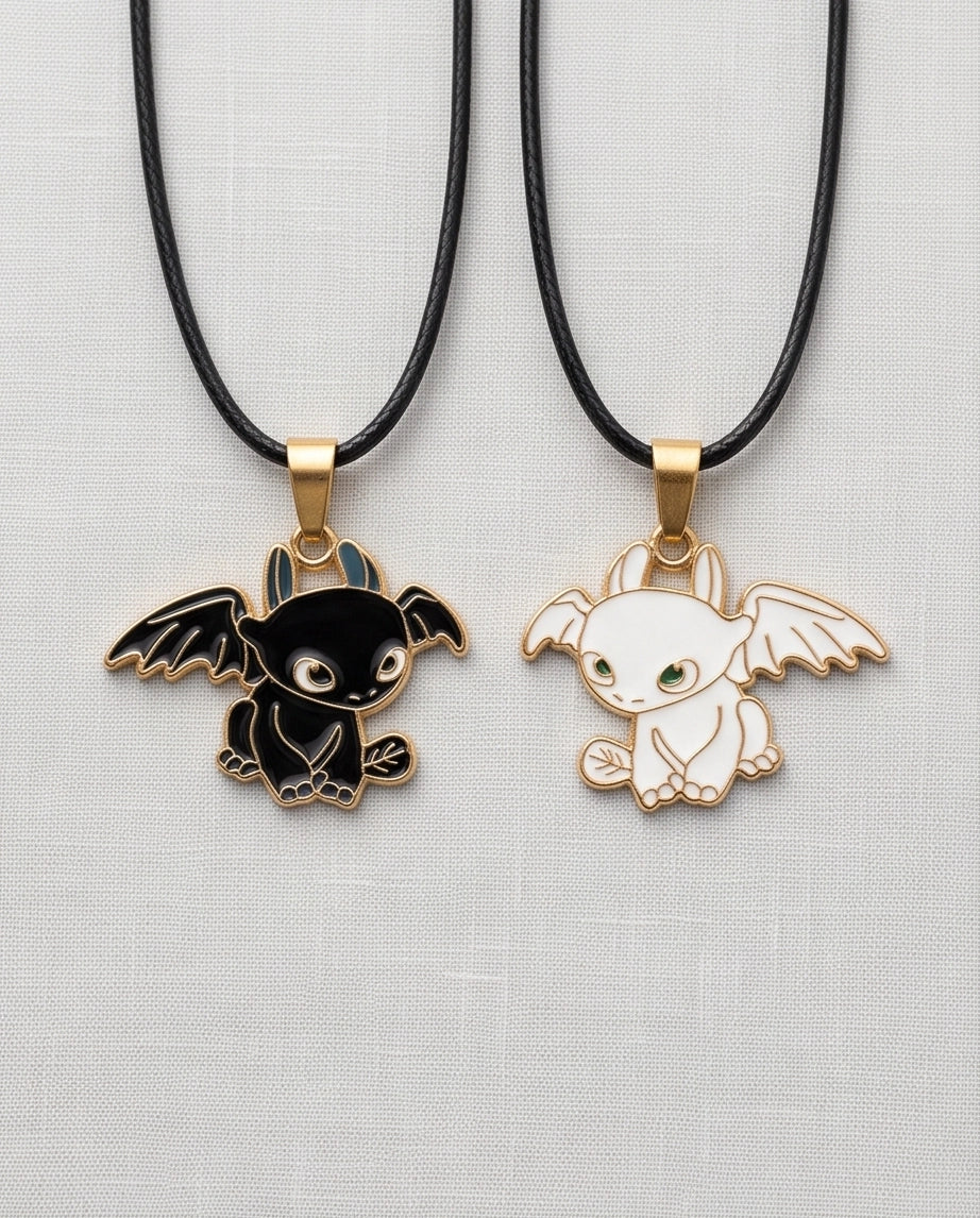 Gold Dragon Couple Enamel Pendant Necklace Set