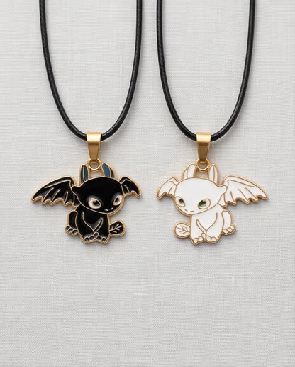 Gold Dragon Couple Enamel Pendant Necklace Set
