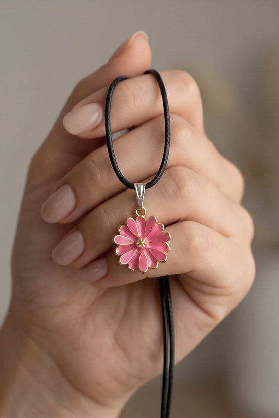 Pink Enamel Sunflower Pendant Necklace