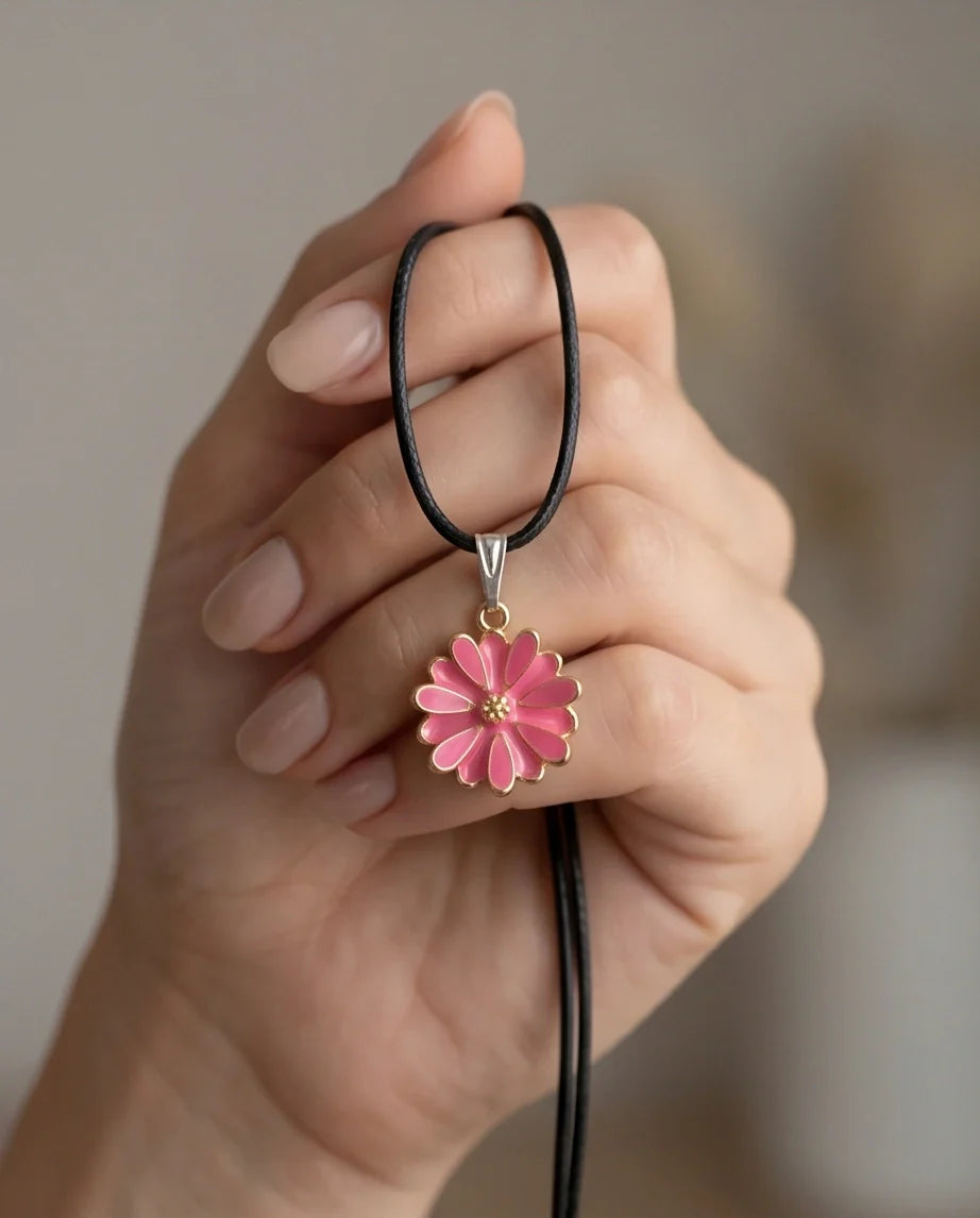 Pink Enamel Sunflower Pendant Necklace