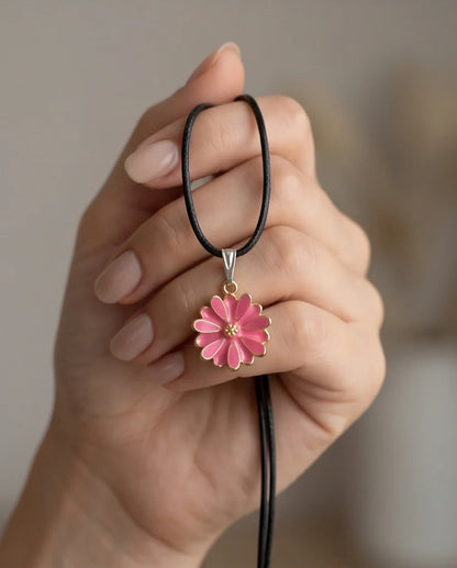 Pink Enamel Sunflower Pendant Necklace