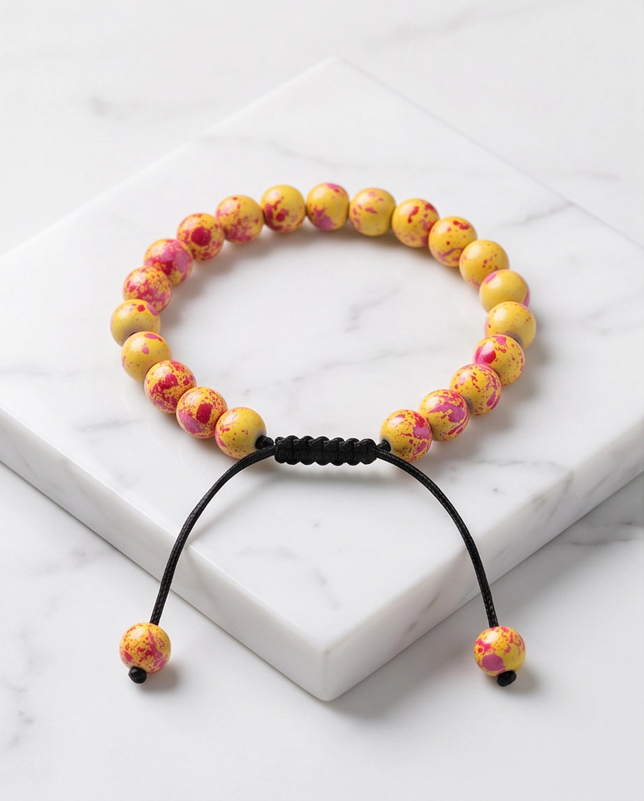 Yellow & Pink Splatter Paint Beaded Adjustable Macrame Bracelet