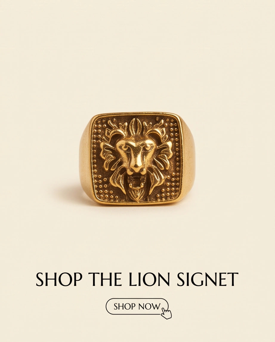 Sovereign Lion Stippled Cushion Signet Ring